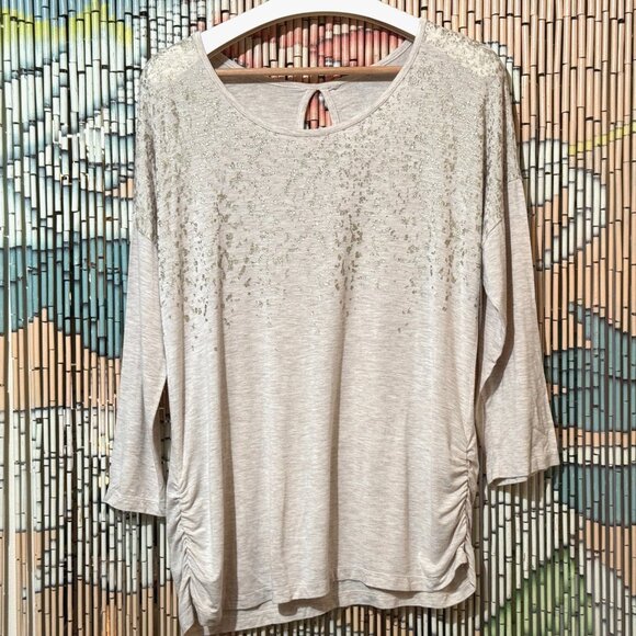 Tunic Shirt with Side Ruching/Back Keyhole, Abstract Sparkles, Heathered Oatmeal - Picture 1 of 15